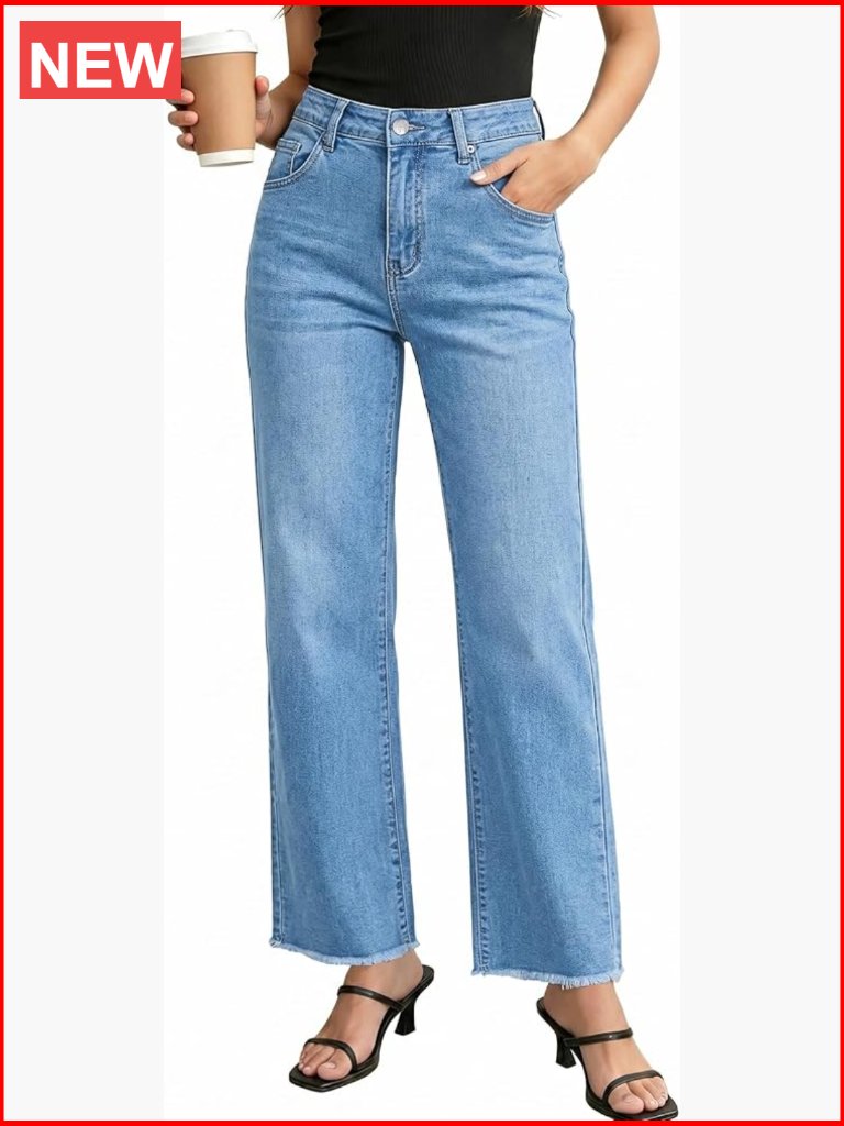 High Waisted Straight Leg Jeans Stretchy Frayed Raw Hem Loose Denim